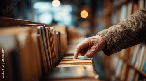 Person browsing through books in a library or bookstore, discovering new fiction or nonfiction titles.