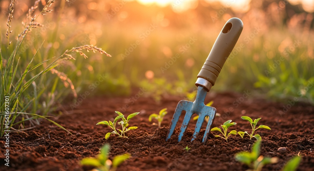 Gardening hand fork resting in fertile soil with young plants under golden sunlight for a spring garden concept. Gardening hand fork resting in fertile soil with young plants under golden sunlight for a spring garden concept.