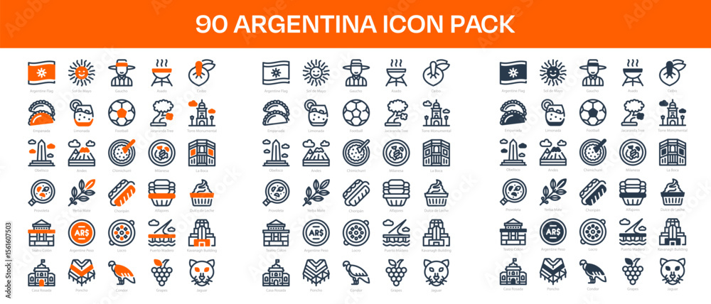90 Argentina Icons in 3 Styles (Line, Solid, Two-Tone), Featuring Andes, Casa Rosada, Dulce de Leche, and More – Vector Illustrations