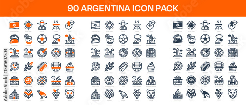 90 Argentina Icons in 3 Styles (Line, Solid, Two-Tone), Featuring Andes, Casa Rosada, Dulce de Leche, and More – Vector Illustrations