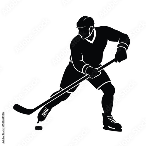 Dynamic silhouette of an ice hockey player dribbling the puck and skating towards the goal