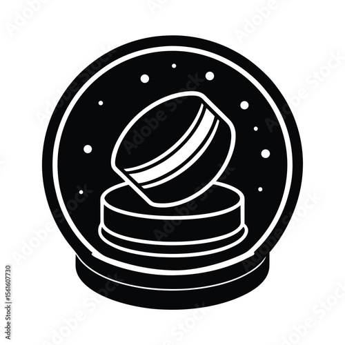 Elegant black and white silhouette illustration of a stylized snow globe featuring a delicate macaron dessert