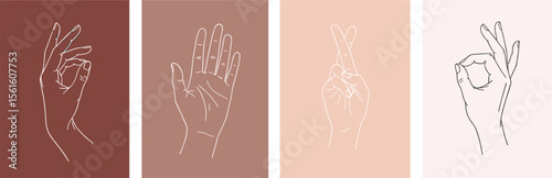 Set of female hands in minimal linear style. Modern single line art. Vector illustration.