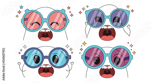 Four Adorable Fluffy White Cartoon Animals Wearing Different Styles of Round Sunglasses with Sparkly Accents Above Their Heads and Mouths Open