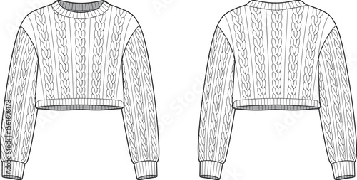 Cropped Cable Knit Sweater Technical Flat Sketch, Front and Back Views with Ribbed Crew Neck and Cuffs, Fashion Design CAD Drawing for Apparel Template Vector Illustration