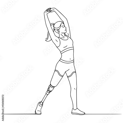 Young woman stretching with prosthetic leg in athletic wear, line drawing, isolated vector image on transparent background  