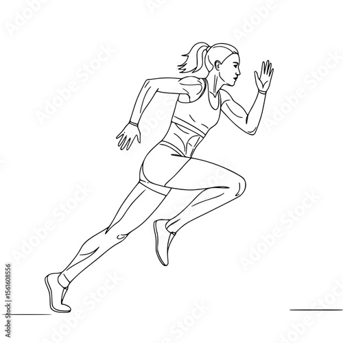 Female runner in motion with line drawing, isolated vector image on transparent background  