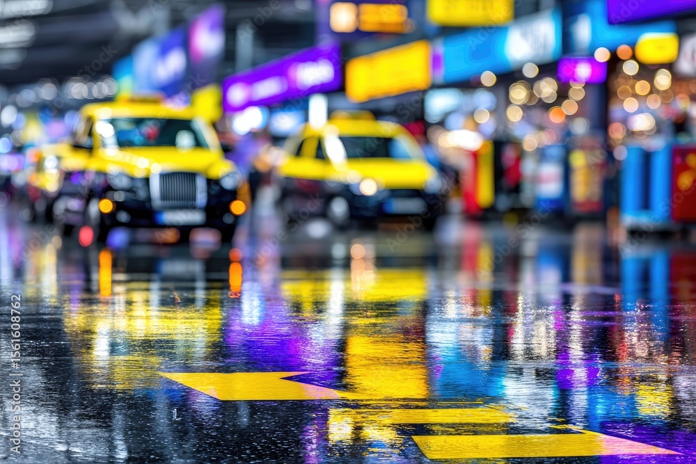 Obraz premium Wet city street at night, taxi cabs, reflections