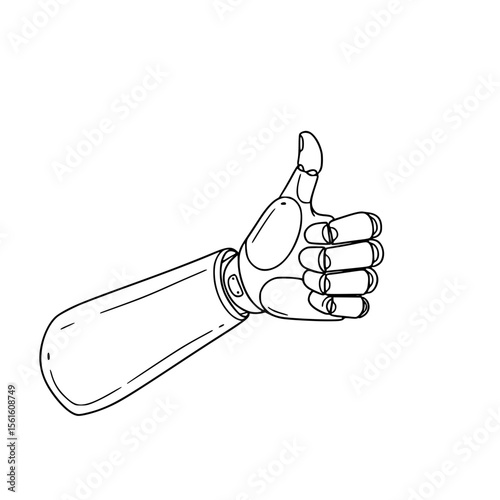 Robotic hand giving thumbs up in line drawing, isolated vector image on transparent background, bionic prosthetic arm

