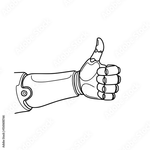 Robotic hand giving a thumbs-up in line drawing, bionic prosthetic arm, isolated vector image on transparent background  