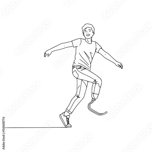 Young man with prosthetic leg running joyfully in line drawing style, isolated vector image on transparent background  