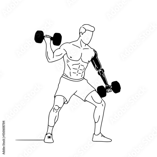 Athletic man lifting dumbbells with prosthetic arm in line drawing style, isolated vector image on transparent background  