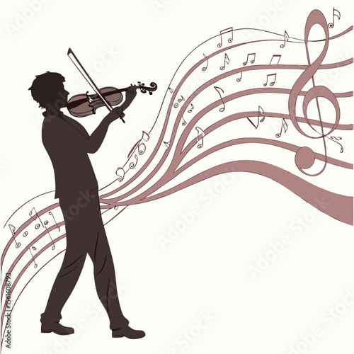 Silhouette of a violinist playing music with musical notes flowing from the violin in the background