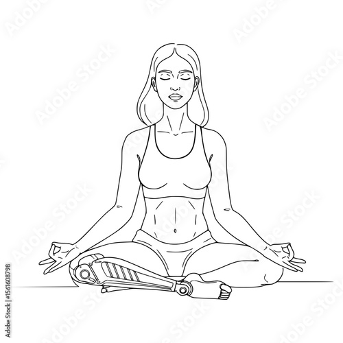 Young woman meditating in yoga pose with prosthetic leg, line drawing, isolated vector image on transparent background  