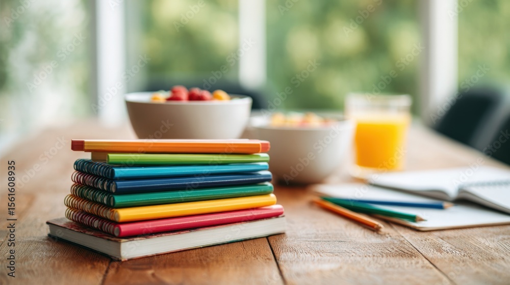 Fototapeta premium Bright colorful notebooks and writing supplies on wooden table with morning sunlight.