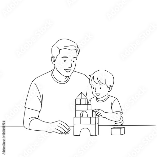 Father and son playing with building blocks at the table in line drawing style, isolated vector image on transparent background
  