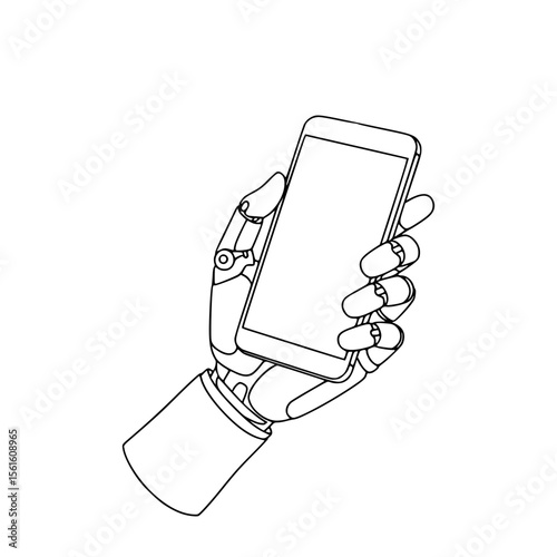Robot hand holding smartphone in a minimal line drawing style, bionic prosthetic arm, isolated vector image on transparent background
 