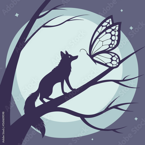 Silhouette of a fox on a branch looking at a butterfly with a moon and stars in the background night scene