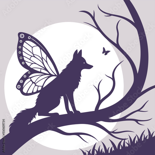 Silhouette of a fox with butterfly wings perched on a tree branch under the moonlight at night time