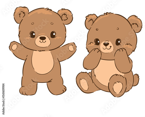 Cute Teddy Bears Set Hand Drawn Vector Illustration for Kids, White Background