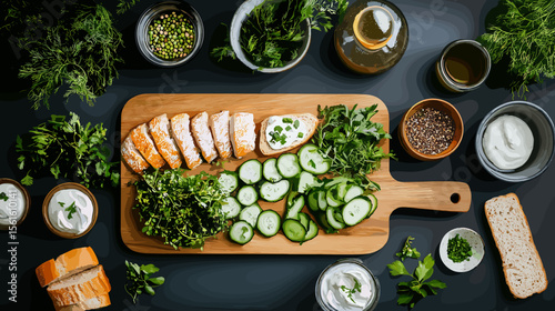 Fresh vegetables and herbs arranged on a wooden cutting board  