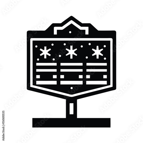 Iconic silhouette representation of a winter weather report sign displaying snowflakes and information