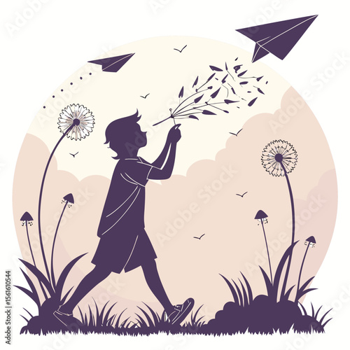 Silhouette of a boy blowing dandelion seeds with paper airplanes in a whimsical landscape design art