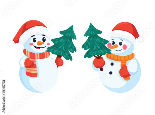 Snowman with a Christmas tree. Flat vector clipart, illustration with isolated background.