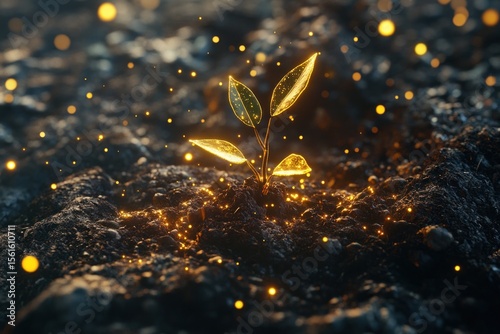 Realistic 3D sapling with glowing particles around, tech-nature fusion
