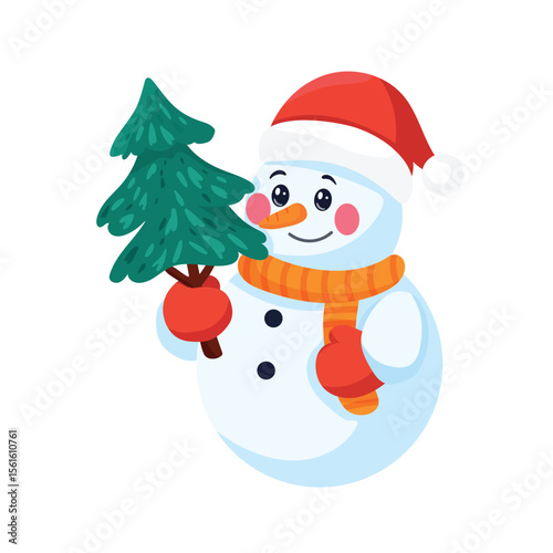 Snowman with a Christmas tree. Flat vector clipart, illustration with isolated background.