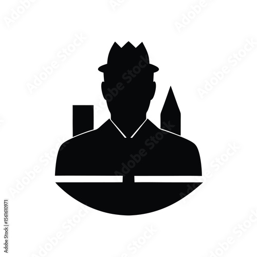 Minimalist architectural silhouette with man in hat symbolizing urban planning and design.