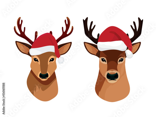 Deer in Santa hat, Christmas. Flat vector clipart, illustration with isolated background.