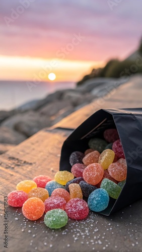 Candy Sunset: A vibrant assortment of colorful candies spills from a black bag onto a wooden surface, set against a stunning ocean sunset, evoking a sense of simple pleasures and joyful moments.