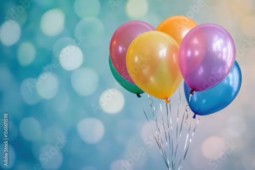 Rainbow balloons gently floating upward, smooth bokeh gradient behind