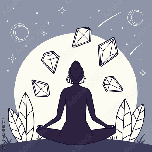 Silhouette of a woman meditating with floating crystals under a moonlit starry sky in a peaceful scene