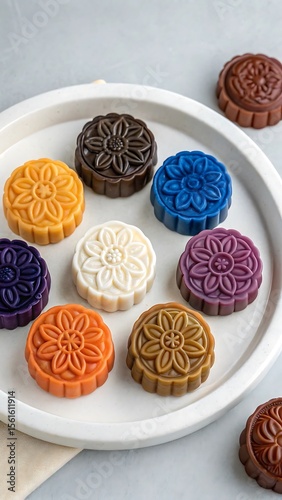 Mooncake Festival Delights: A stunning array of colorful mooncakes, meticulously arranged, each one a testament to the culinary arts, capturing the spirit of the mid-autumn celebration.
