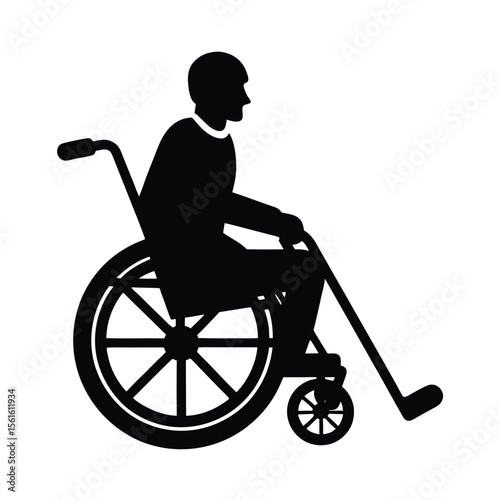 Silhouette depiction of a person in a wheelchair using a golf club for a game on white background.
