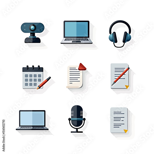 Collection of flat design icons representing communication, technology, and work, perfect for websites, presentations, and applications needing a modern and clean aesthetic.