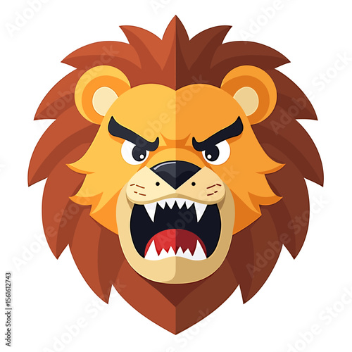 A fierce lion head with a flat design style, perfect for logos, branding, or children's illustrations, showing sharp teeth and intense expression.