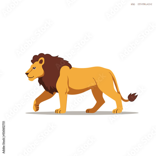 A majestic lion with a thick brown mane walks gracefully to the left, its amber fur gleaming against a stark white background, embodying power and regality.