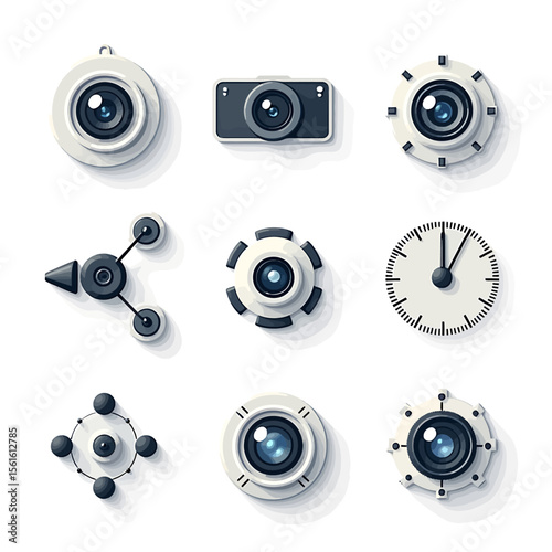 Collection of stylish camera lens and clock icons ideal for web design, app interfaces, or digital projects needing a modern and minimalist aesthetic, featuring various shapes and perspectives.