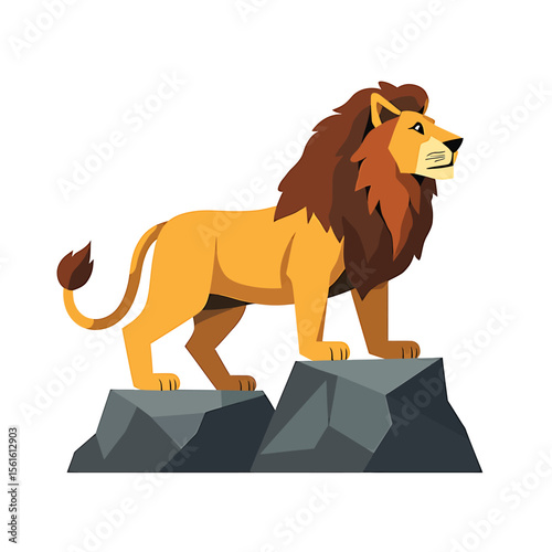 Majestic lion standing proudly on rocks, a powerful symbol of strength and wildlife, perfect for African safari themes, wildlife documentaries, or nature conservation projects.