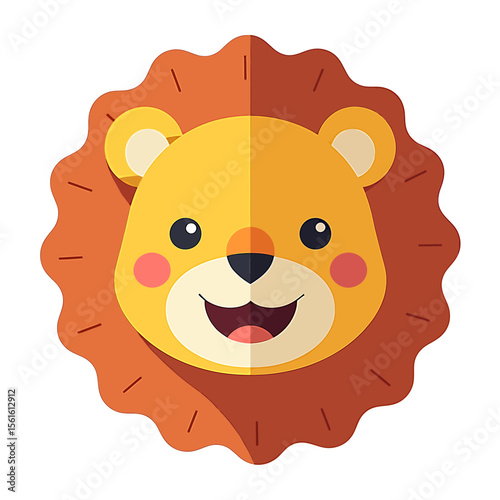 Adorable cartoon lion head with a happy expression, set against a simple white background, ideal for children's products, branding, or educational materials.