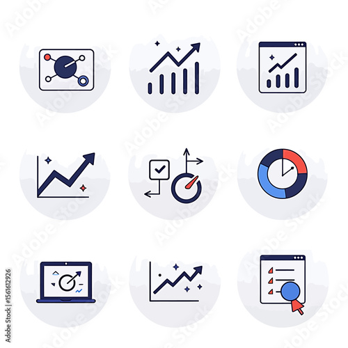 Nine modern line icons illustrate various business analytics concepts, including growth charts, website data, and performance metrics, ideal for presentations or reports.