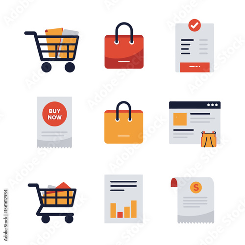 Shopping online and offline: flat icons set of shopping cart, bags, buy now button, invoice, online store, and sales report, ideal for e commerce websites and apps.