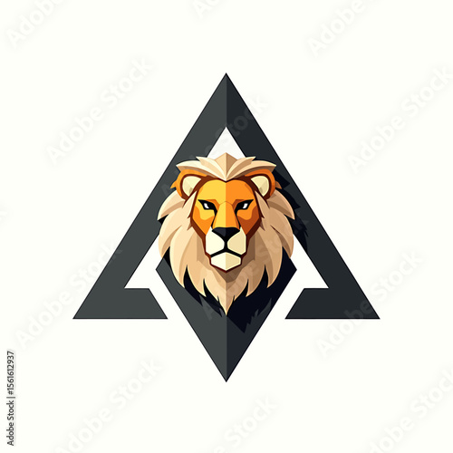 Majestic lion head logo design, featuring a stylized illustration of a lion's face inside a geometric triangle, perfect for corporate branding, business identity, and marketing materials.
