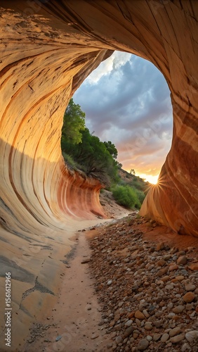 Nature's Embrace: Inside a smooth sandstone tunnel, the outside world beckons with a sky full of colors and soft light. This tranquil scenery showcases the wonders of earth's history.