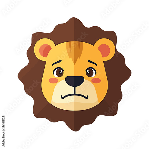 A cute cartoon lion head with a sad expression, illustrated in a flat style with a brown mane and yellow face, perfect for children's illustrations, logos, or app design.