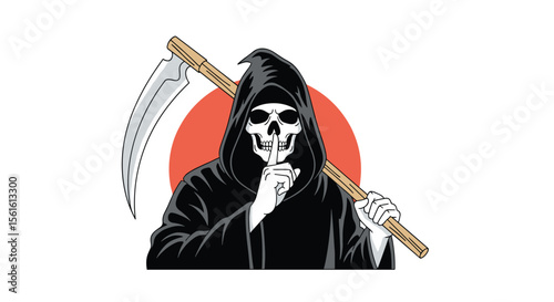 Mysterious hooded figure with a scythe and a silent gesture against a backdrop of a red circle