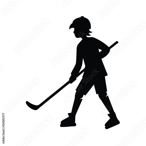 Silhouette of a young hockey player in action with hockey stick on white background